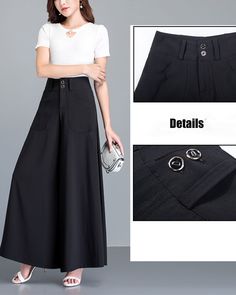 * A wide leg skirt shaped pants, made of quality cotton blends, very smooth and comfortable. * With two pockets, they are big enough for your hands. * A-line shape, make you look more taller and thinner. * Material: 95% polyester, 5% spandex * Let us know your usual size in your country and your overall height. * Can custom make waist size and length. * Size: True to US size, US 0-US 20 are available, you can let us know your usual size and height in your order. * Shipping: Free shipping Process Solid Color Baggy Long Skirt, Chic Cotton Harem Pants With Pockets, Baggy High-waisted Cotton Skirt, High Waist Baggy Cotton Skirt, Black Cotton Wide Leg Culottes, Cotton Wide Leg Skirt With Side Pockets, Non-stretch Cotton Wide Leg Pants, Black Wide Leg Cotton Culottes, Casual Long Skirt With Side Pockets