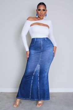 Elevate your casual look with our Melanie Denim-Effect Print Mermaid Hem Skirt. This maxi skirt features a plain pattern with a denim-like print, adding a touch of casual sophistication to your outfit. Crafted from knitted fabric, it offers both comfort and style. With a high waistline and mermaid hem, it accentuates your figure while maintaining a trendy silhouette. The skinny fit design adds a modern twist, making it perfect for everyday wear. Pair it with your favorite top for a chic and effo Non-stretch Long Denim Skirt, Chic Stretch Denim Blue Skirt, Chic Fitted Medium Wash Maxi Skirt, Spring Long Stretch Denim Skirt, Spring Stretch Long Denim Skirt, Fitted High Rise Blue Maxi Skirt, Trendy High Waist Stretch Maxi Skirt, Casual Full-length Stretch Denim Skirt, Full-length Denim Blue Maxi Skirt