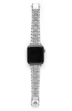 Update your Apple Watch with this sterling silver band textured with signature Caviar beads and sparkling pavé diamonds. Fits the Series 1 through 9 Apple Watch for sizes 38mm through 45mm (not included) Push-clasp closure Total diamond weight: 2.3ct. Color: G–H Clarity: SI Sterling silver/diamond Imported >Diamond Guide Timeless Silver Watch Band With Bracelet Strap, Silver Timeless Bracelet Strap Watch Bands, Timeless Silver Bracelet Strap Watch Band, Classic Silver Apple Watch Band With Polished Finish, Modern Silver Diamond Watch With Diamond Accents, Silver Stainless Steel Apple Watch Band With Polished Finish, Silver Polished Stainless Steel Apple Watch Band, Formal Silver Apple Watch Band With Polished Finish, Timeless Silver Jewelry With Rhinestones