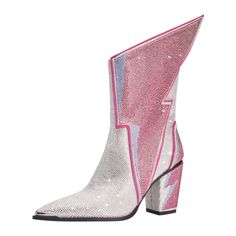 Irregular Jeweled Chunky Heel Dance Boots Rhinestone Knee High Boots | Up2Step Summer Party Boots With Rhinestones, Embellished Pink High Heel Boots, Pink Embellished High Heel Boots, Trendy Pink Heeled Boots For Party, Embellished Pink Boots For Fall, Embellished Pink Boots For Spring, Pink Embellished Boots For Spring, Spring Embellished Pink Boots, Spring Pink Embellished Boots