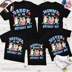 three birthday shirts with the words, happy birthday brother and sister on them