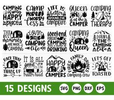 the camping svg bundle includes 15 designs