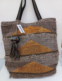 Katydid Woven Tote Bag - Brown, Gold, Tan & Black with Tassel KDC-TB-5065. Making Handbags, Rope Bags, Textile Bags, Cheese Danish, Slouchy Tote, Ethnic Bag, Textile Bag, Diy Handbag, Rope Bag