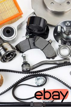 an assortment of car parts on display with the ebay logo above them and below it