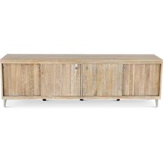 the sideboard is made out of wood and has metal legs on one end, and two doors on the other