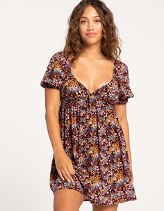 Roxy Sunset Shores Dress. Allover Floral Print. V-Neckline. Puff Short Sleeves Featuring Ruffle Trim. Loose And Flowy Fit. Approx. Length: 31''. 100% Viscose. Machine Wash. Imported. Model Is Wearing A Size Small Model Measurements:height: 5'7" Bust: 32"waist: 25"hips: 36" V-neck Mini Dress With Gathered Neckline, Casual V-neck Dress With Gathered Neckline, Flowy V-neck Dress With Gathered Neckline, Boring Clothes, Womens Dress, Ruffle Trim, Model Measurements, Roxy, Nightwear