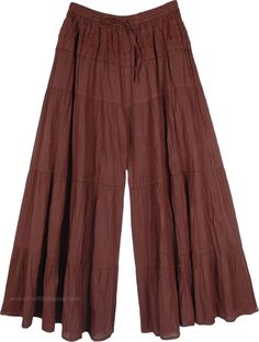 A pretty pair of burgundy and brown shade culottes, the word culottes describes a split or divided skirt.  The skirt cum pants are very fashionable and chic, especially with an understated crochet pattern on the waist, in the front, and on the back. #tlb #SplitSkirtsPants #Fall #bohemianfashion #PalazzoPants Brown Knee-length Bottoms For Summer, Brown Knee-length Summer Bottoms, Brown Cotton Knee-length Bottoms, Burgundy Wide Leg Bottoms For Spring, Burgundy Wide-leg Bottoms For Spring, Burgundy Cotton Wide Leg Pants, Spring Burgundy Cotton Bottoms, Chic Brown Knee-length Bottoms, Summer Cotton Bottoms In Burgundy