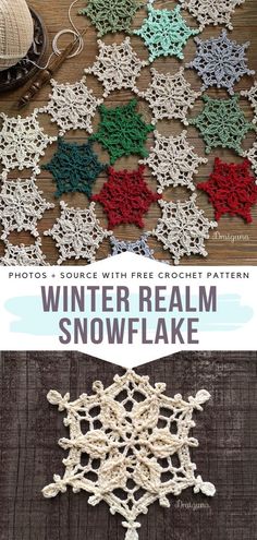 crocheted snowflake is shown with the words winter realm on it