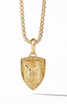 Saint Michael, warrior and protector, makes his mark on this engraved amulet crafted from 18-karat yellow gold. Chain sold separately 18k yellow gold Imported Yellow Gold Pendant Jewelry With Gold-tone Logo Plaque, Yellow Gold Medallion Jewelry With Logo Plaque, Yellow Gold Medallion Jewelry With Gold-tone Logo, Luxury Gold-tone Logo Plaque Pendant Jewelry, Luxury Pendant Jewelry With Gold-tone Logo Plaque, Gold Amulet, Saint Michael, Mens Jewelry Necklace, Yellow Gold Chain