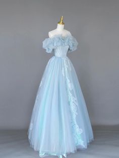 Light Blue Tulle Lace Long Prom Dress Blue Organza Dress For Prom Season, Blue Organza Prom Dress, Light Blue Ball Gown For Party, Blue Tulle Floor-length Ball Gown, Blue Organza Dress For Debutante Ball, Blue Organza Dress For Banquet, Light Blue Tulle Ball Gown For Banquet, Blue Tulle Evening Dress For Banquets, Blue Tulle Evening Dress For Banquet