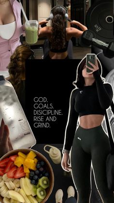 a collage of photos with women in sports bra tops and fruit salads on the table