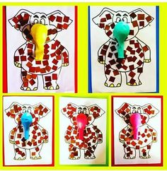 four different pictures of elephants made out of paper and colored pencils on top of each other