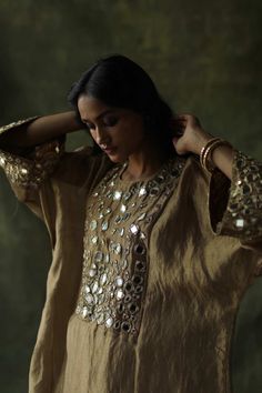 Begum Pret | Beige Sahiba Kaftan Set | INDIASPOPUP.COM Bollywood Embellished Sets For Summer, Bollywood Embellished Summer Sets, Bohemian Sequined Sets For Designer Wear, Bohemian Embellished Wedding Sets, Bohemian Style Sequined Sets For Summer, Bohemian Sequin Sets For Summer, Bollywood Style Kaftan With Gota Work For Party, Eid Tunic Sets With Mirror Work, Festive Party Kaftan With Gota Work