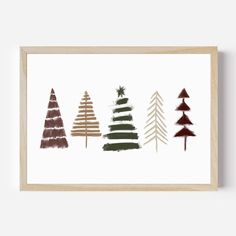 an art print with different types of christmas trees in various colors and sizes, on a white background