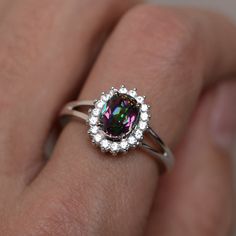 Mystic Topaz Ring Silver Rainbow Gemstone Ring by KnightJewelry Beaded Stacking Rings, Round Cut Diamond Earrings, Mystic Topaz Ring, Ruby Rings, Promise Ring For Her, Diamond Cluster Engagement Ring, Rainbow Gemstones, Flower Engagement Ring, London Blue Topaz Ring