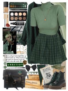 Slytherclaw Outfit, Hogwarts Academia Outfit, Solar Punk Aesthetic Outfits, Light Academia Green Outfits, Dark Green Outfits Aesthetic, Forest Green Clothes Aesthetic, Slytherin Themed Outfits, Green Academia Aesthetic Outfits, Academia Casual Outfits