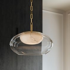 a glass light fixture hanging from a ceiling in a room with dark wood paneling