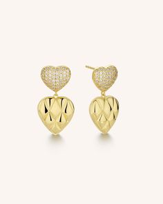 Dual Heart Earrings Pave Jewelry, Jewelry By Material, Mini Bows, Lace Bows, Stone Gold, Two Hearts, Gold Pattern, Gold Plated Earrings, Silver Pearls