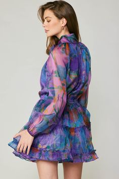 This diaphanous floral-print mini dress is a sheer delight with its dramatic necktie, billowy sleeves, and delicately ruffled hem. It's cinched at the waist before falling to a swingy tiered skirt. •High neck with self-tie •Long sleeves with elasticized cuffs •Elasticized waist •Tiered skirt •Ruffled hem •Partially lined DIMENSIONS •Standard: 35.5" L item number 2390065-1 100% Polyester Ladies Who Lunch, Trendy Dress Outfits, Purple Mini Dresses, Valentine's Day Outfit, Long Sleeve Mini, Tier Skirt, Floral Mini Dress, Polo Dress, Tiered Dress