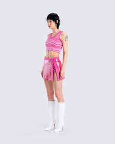 Leave them speechless when you walk in wearing this fit 🍬 Featuring a pink zig zag knit top, matching booty shorts, and a pink sequin mini skirt - this full three-piece set is the pop of pink you have been waiting for 💅 Y2k Pink Crop Top For Clubbing, Pink Fitted Top With Short Length, Pink Fitted Short Length Tops, Pink Fitted Short-length Tops, Fitted Short Length Pink Tops, Pink Y2k Mini Skirt For Party, Y2k Pink Mini Skirt For Party, Y2k Style Pink Party Mini Skirt, Y2k Style Pink Mini Skirt For Party