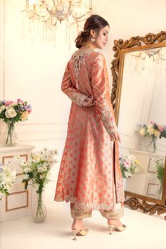 Nury Anarkali Kurta With Floral Embroidery For Wedding, Traditional Jamawar Dress With Mirror Work, Floral Embroidered Long Sleeve Salwar Kameez For Wedding, Wedding Salwar Kameez With Floral Embroidery And Long Sleeves, Wedding Long Sleeve Salwar Kameez With Floral Embroidery, Long Sleeve Salwar Kameez With Floral Embroidery For Reception, Floral Embroidered Long Sleeve Salwar Kameez For Reception, Long Sleeve Floral Embroidered Salwar Kameez For Reception, Elegant Semi-stitched Lawn Suit With Floral Embroidery