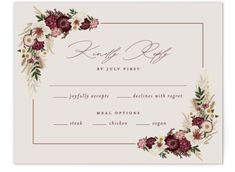 a wedding card with flowers and leaves on the front, in burgundy tones is shown