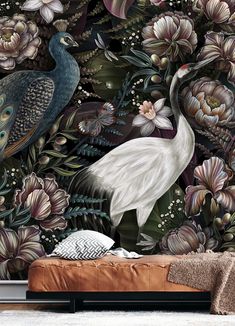 the wallpaper is decorated with flowers and two large birds on it's side