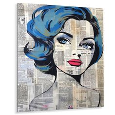 a woman's face painted on newspaper with blue hair and red lips canvas wall art print