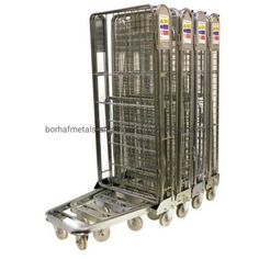 three metal carts with wheels on each side