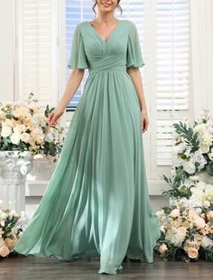 A-Line Bridesmaid Dress V Neck Short Sleeve Elegant Floor Length Chiffon with Split Front Evening Wear Dresses, Short Formal Dress, Dresses With Pockets, Womens Prom Dresses, Plus Size Formal Dresses, Girls Formal Dresses, Formal Dresses Short, Grad Dresses, Mother Of The Bride Dress