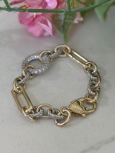 Gorgeous two toned rhinestone chain link bracelet Gold Chain Link Bracelet With Diamond Accents, Link Chain Bracelet With Diamond Accents, Rhinestone Chain Link Jewelry, Oval Link Chain Diamond Bracelet, Cubic Zirconia Diamond Bracelet With Chain Link, Metal Chain Bracelet With Rhinestones, Two Toned Jewelry, Two Tone Jewelry, Jewelry Cheap