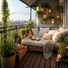 a balcony with lots of plants and potted plants on the outside, along with a couch