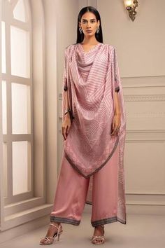 Shop for Rajdeep Ranawat Pink Silk Asymmetric Draped Tunic And Pant Set for Women Online at Aza Fashions Dress Armor, Tunic With Pants, Rajdeep Ranawat, Kaftan Tunic, Saree Gown, Kaftan Style, Kurta Designs Women, Cowl Neck Dress, Indian Fabric