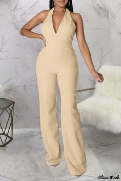 Olivia Mark - Ivory Patchwork Backless V-Neck Straight Jumpsuit for Women Beige V-neck Bodysuit For Spring, Spring Beige V-neck Bodysuit, Beige V-neck Jumpsuits And Rompers For Night Out, Beige Jumpsuit For Night Out, Jumpsuit For Women, Backless Jumpsuit, Jumpsuit Online, Fashion Wear, Olivia Mark