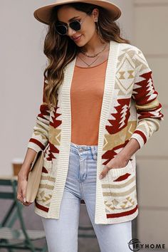 Khaki Moraga Pocketed Aztec Cardigan Casual Long Sleeve Outerwear With Geometric Pattern, Casual Fall Outerwear With Geometric Pattern, Casual Spring Outerwear With Geometric Pattern, Bohemian Winter Cardigan With Pockets, Aztec Cardigan, On Sale, Shop Now, Free Shipping