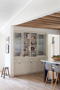 the kitchen is clean and ready for us to use it's large, white cabinets