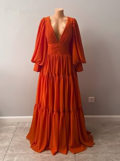 V Neck Vintage Women Long Dress Party Evening Long Sleeve Burnt Orange Dress, Orange Formal Dress Long, Fitted Floor-length Chiffon Cocktail Dress, Fitted Floor-length Chiffon Dress For Cocktail, Elegant Orange Chiffon Maxi Dress, Orange Chiffon Maxi Dress For Party, Fitted Georgette Maxi Dress For Banquet, Elegant Orange Georgette Dress, Orange Chiffon Wedding Dress