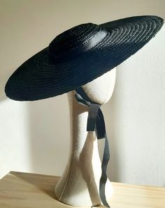 Wide Brimmed Black Straw Boater Hat - Etsy Chic Fitted Boater Hat With Flat Crown, Chic Fitted Boater Hat For Vacation, Fitted Brimmed Boater Hat For The Beach, Fitted Wide Brim Boater Hat For Beach, Chic Straw Boater Hat For Garden Party, Adjustable Boater Hat For Summer Garden Party, Elegant Natural Boater Hat For Garden Party, Elegant Fitted Boater Hat With Flat Crown, Elegant Spring Sun Hat With Flat Crown