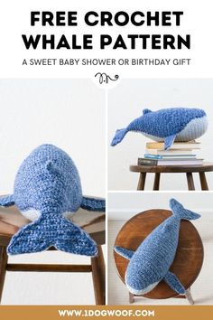 a crocheted whale hat sitting on top of a wooden chair with the words free crochet whale pattern