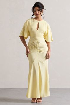 Elegant Maxi Dress With Sleeves Classy, Mustard Dress Outfit Wedding, Dress For Broad Shoulder Women, Curvy Dress Wedding Guest, Bridgerton Inspired Dresses, Wedding Guest Dress Modest, Modest Wedding Guest Dress, Pale Yellow Maxi Dress, Wedding Guest Dresses Spring