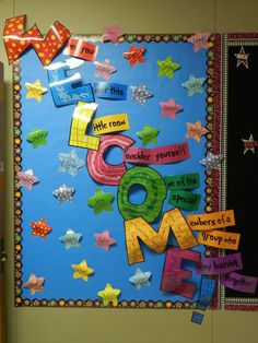 a bulletin board with the words go to me written on it and stars around it