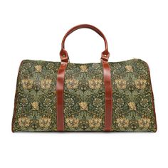 This William Morris travel bag is a perfect weekend bag for a quick getaway or overnight duffle. This luxurious bag is both stylish and functional. It is waterproof, spacious, easy to throw over your shoulder, and gorgeous. This vintage Morris design is called Honeysuckle. It has been recolored and scaled to make it the ultimate traveler's luggage. If you appreciate maximalism, beautiful colors, sweeping leaves, and vibrant vintage floral patterns then this is the travel bag of your dreams. Made Green Travel Bag For On-the-go, Duffle Bag With Removable Pouch For Overnight Trips, Duffle Shoulder Bag With Removable Pouch For Overnight Trips, Rectangular Travel Accessories With Removable Pouch For Overnight Trips, Rectangular Luggage With Adjustable Strap For Overnight Trips, Green Travel Accessories With Removable Pouch, Green Travel Bags With Large Capacity, Green Duffle Bag For On-the-go, Overnight Trip Satchel Bag With Removable Pouch