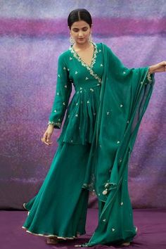 Shop for Deepthee Green Chanderi Embroidered Anarkali Sharara Set for Women Online at Aza Fashions Semi Anarkali Dress, V Neck Sharara Suit, Green Ethnic Outfit, Semi Formal Outfits For Women Dress, Angrakha Style Anarkali, Green Sharara Suit, Green Sharara, Organza Kurta, Angrakha Kurta