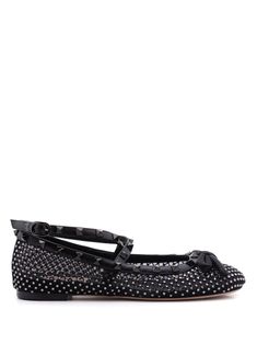 black calf leather crystal embellishment signature Rockstud embellishment bow detailing round toe crossover strap detail buckle-fastening ankle strap branded leather insole flat leather sole Ballerina Shoes, Crystal Embellishment, Fashion Flats, Shoes Black, Valentino Garavani, All Black, Calf Leather, Black Shoes, Ankle Strap