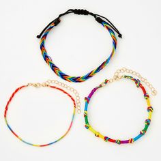 Keep your ankles bright and colorful this summer! This pack includes three different designs of rainbow cord anklets. Length: 9" + 2" extender Finish: Gold-tone Closure: Bolo/Lobster clasp Pack Size: 3 Material: Polyester - Claire's Rainbow Cord Anklets - 3 Pack Trendy Multicolor Anklets For Spring, Multicolor Nylon Cord Friendship Bracelets For Festivals, Multicolor Nylon Cord Braided Bracelets For Festivals, Multicolor Nylon Cord Braided Bracelet For Festival, Trendy Multicolor Anklets For Summer, Casual Summer Braided Bracelets With Nylon Cord, Spring Festival Multicolor Anklets, Rainbow Friendship Bracelets For Summer, Adjustable Multicolor Anklets For Spring