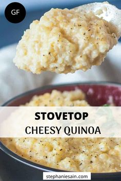 a spoon full of cheesy quinoa with the title above it