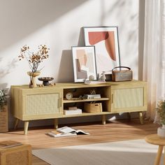 a living room scene with focus on the sideboard and shelf in the foreground