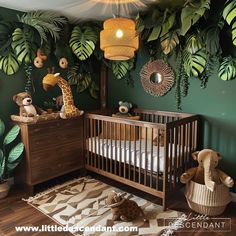 a baby's room decorated in green and brown with jungle themed wallpapers