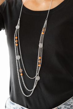 Paparazzi Pretty Pop-tastic! Orange Long Necklace Orange Necklace, Silver Chains, Paparazzi Accessories, Affordable Jewelry, Paparazzi Jewelry, Silver Accents, Necklace Earring Set, Jewelry Party, Matching Earrings