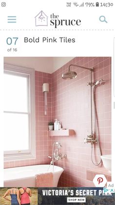 a pink tiled bathroom with a tub and window in the corner is featured on instagram